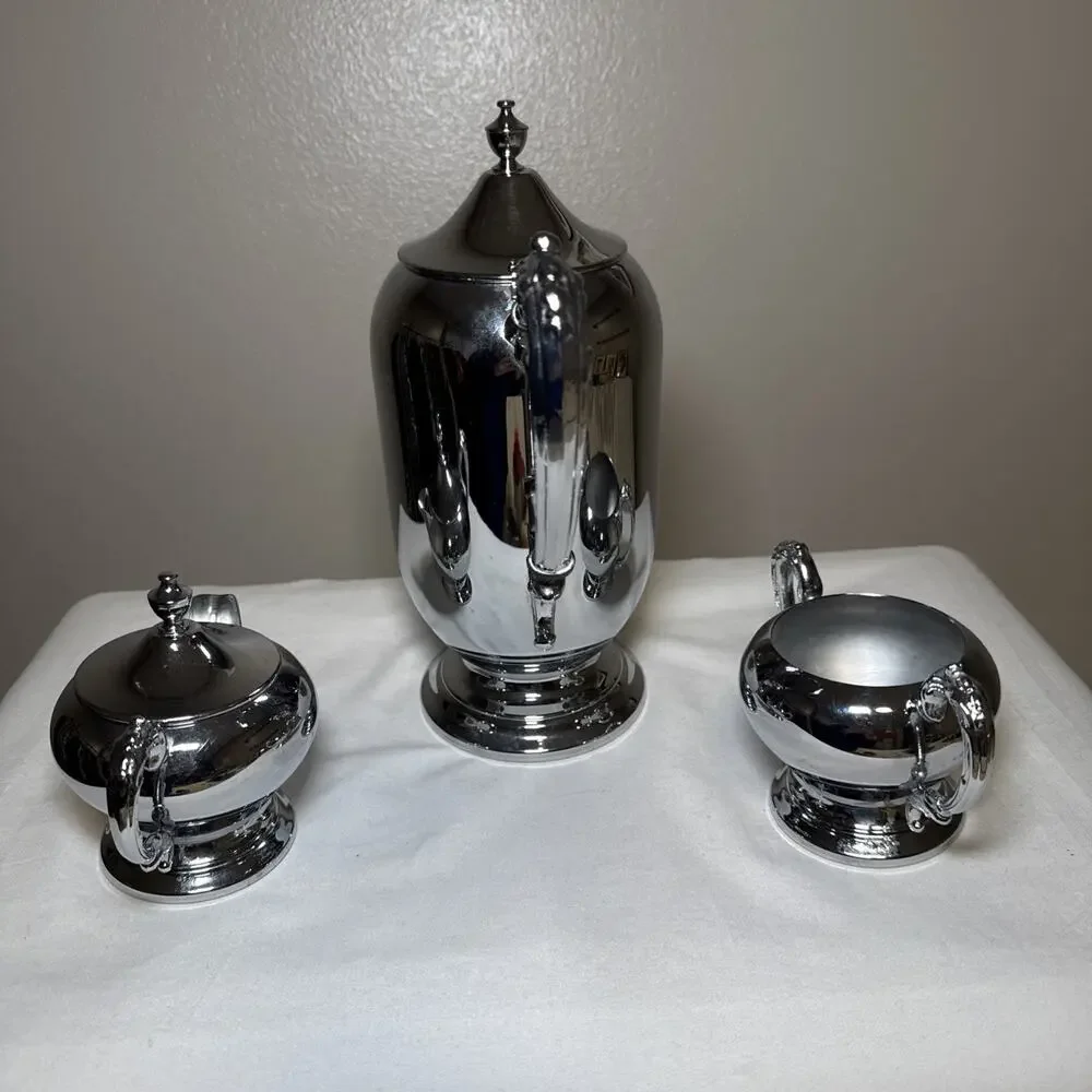 Vintage Dorothy Thorpe Originals Chrome Coffee Set MCM Hollywood Regency 3pc - Picture 2 of 15